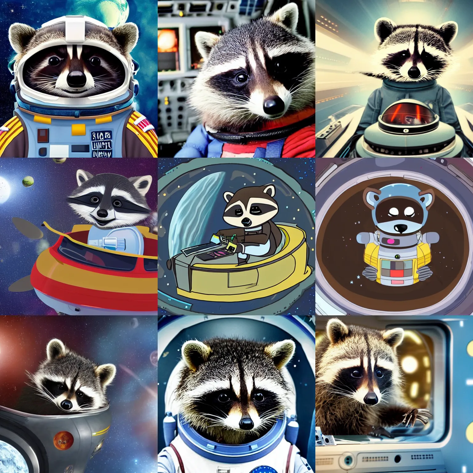 Prompt: A picture of a cute raccoon piloting a spaceship. The raccoon is wearing a space suit and is inside the cockpit, large shot, award winning 8k