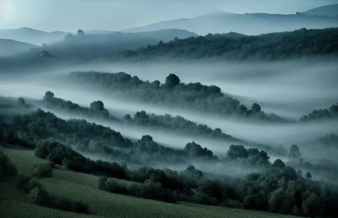 Prompt: umbrian hills dissolving into mist under a limpid blue sky result is a sophisticated interplay between warm, cool, light and dark colors. rockery intact flawless ambrotype from 4 k criterion collection remastered cinematography gory horror film, ominous lighting, evil theme wow photo realistic postprocessing by jan urschel directed by kurosawa