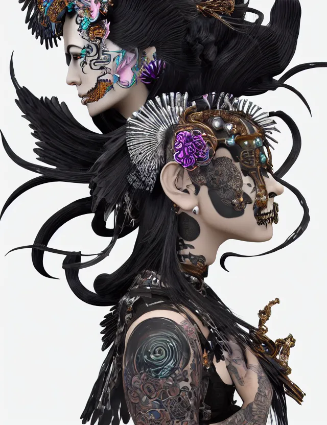 Image similar to 3 d goddess close - up profile portrait punk with mohawk in victorian style with ram skull. beautiful intricately detailed japanese crow kitsune mask and clasical japanese kimono. betta fish, jellyfish phoenix, bio luminescent, plasma, ice, water, wind, creature, artwork by tooth wu and wlop and beeple and greg rutkowski