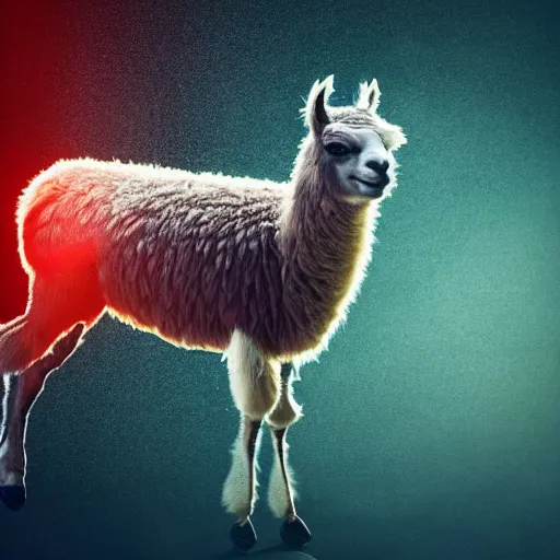 Prompt: dramatic film still of a llama wearing a jersey dunking a basketball, low angle, shot from below, tilted frame, 3 5 °, dutch angle, extreme long shot, indoors, dramatic backlighting, high detail.