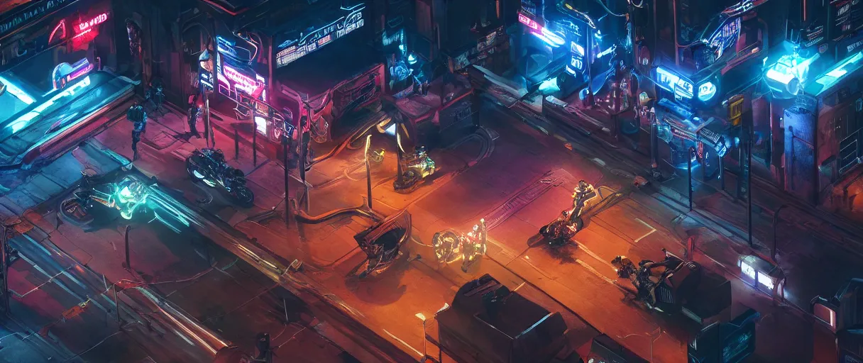 Prompt: an android hief on a motorcycle making a getaway from a helicopter in a glowing neon cyberpunk city at night by Karl Thiart, unreal engine, cinematic atmosphere, establishing shot, viewed from above