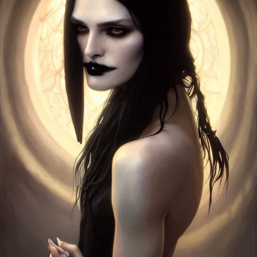 Image similar to portrait painting of an androgynous witch with shoulder length flowing black hair pale skin and beautiful dark brown eyes wearing goth clothes, ultra realistic, concept art, intricate details, eerie, highly detailed, photorealistic, octane render, 8 k, unreal engine. art by artgerm and greg rutkowski and alphonse mucha