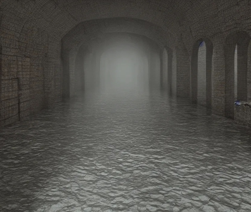 Image similar to tiled room squared waterway, aqueducts, gloomy and foggy atmosphere, octane render, artstation trending, horror scene, highly detailded