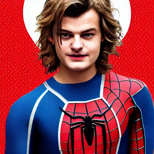 Image similar to a realistic portrait of Joe Keery as spider-man