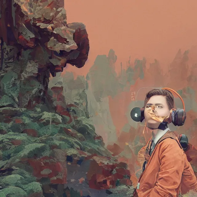 Image similar to portrait of alone androgynous girl wearing long orange vintage leather coat, bakelite rocky mountains, moss green japanese haunted forest background, ultrafine hyperdetailed illustration by hsiao - ron cheng and artgerm, wearing giant modular synthesizer 8 0 s sony stereo helmet and backpack, the grand budapest hotel, glow, no crop, digital art, artstation, pop art