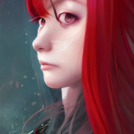 Image similar to facial portrait of a young pretty anime woman, long red hair, dark eyes, gothic eyeliner, character concept art, headshot, Charlie Bowater, Anna Dittmann, WLOP, Rumiko Takahashi, Akihiko Yoshida, Hyung-tae Kim, alexander mcqueen, trending on Artstation