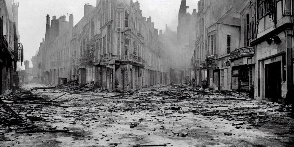 Image similar to a photo of a street of saint - malo en fire after a bombing at night in 1 9 4 5