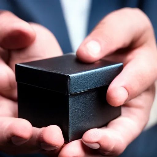 Prompt: a man holding out a small black box that contains his consciousness