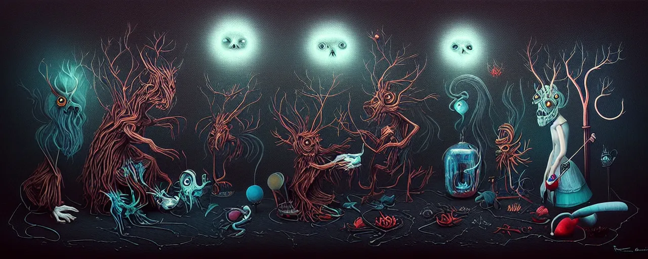 Image similar to whimsical alchemical creatures, surreal dark uncanny painting by ronny khalil