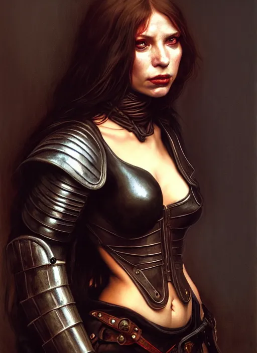 Image similar to female thief, leather armor, full body, hyper realistic, extremely detailed, dnd character art portrait, dark fantasy art, intricate fantasy painting, dramatic lighting, vivid colors, deviantart, artstation, by edgar maxence and caravaggio and michael whelan and delacroix.