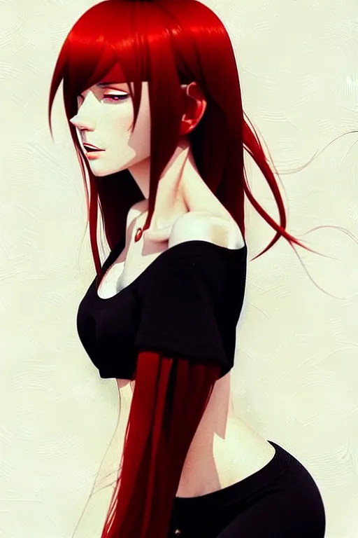 Prompt: a ultradetailed beautiful portrait panting of a stylish woman with red bangs, she is wearing a black dress, by conrad roset, greg rutkowski and makoto shinkai, trending on artstation