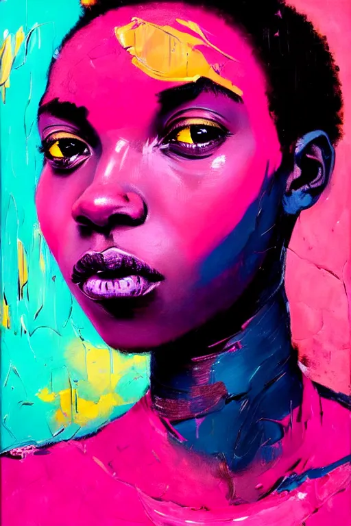 Prompt: portrait of a stylized african young lady with a story to tell, painted in acrylic, pigment textures, wet paint, in the colors hot pink and cyan, beautiful realistic face, rule of thirds, spotlight, by greg rutkowski, by jeremy mann, by francoise nielly, by van gogh, by ross tran, in focus