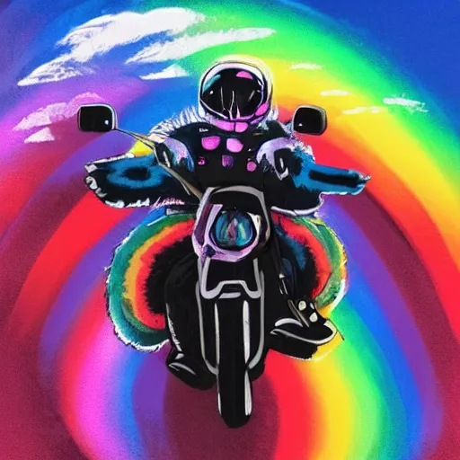 Image similar to wide angle full body, jacket wearing fluffy cute rainbow kitten wearing a black leather motorcycle jacket, riding on a motorcycle, cinematic concept art