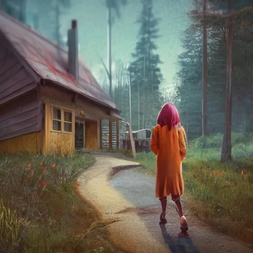 Image similar to woman leaving her wooden broken house by simon stålenhag, very highly detailed, award winning, rendered by Beeple, by Makoto Shinkai, syd meade, starwars, space art concept, digital art, unreal engine, blender, WLOP, trending on artstation, 4K UHD image, octane render