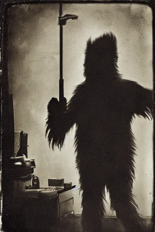Image similar to a wet plate photograph of a Bigfoot going into a barber shop