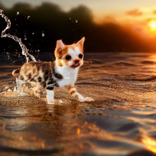 Prompt: a closeup photorealistic photograph of a cute kitten - chihuahua hybrid splashing in the surf during sunset. professional capture, well lit shot. this 4 k hd image is trending on artstation, featured on behance, well - rendered, extra crisp, features intricate detail, epic composition and the style of unreal engine.