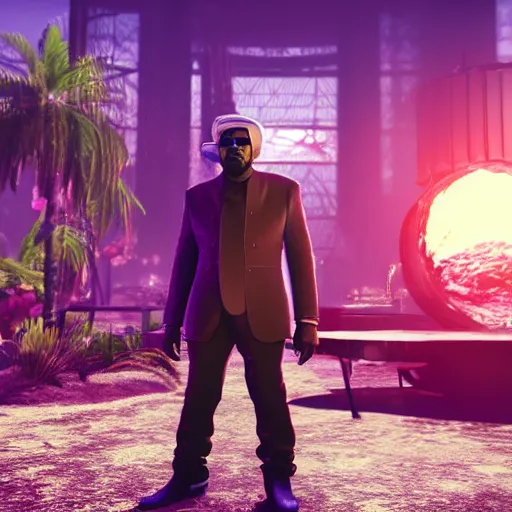 Image similar to Professional photo of Kanye West as willy wonka in fallout new vegas, splash art, movie still, cinematic lighting, dramatic, octane render, long lens, shallow depth of field, bokeh, anamorphic lens flare, 8k, hyper detailed, 35mm film grain