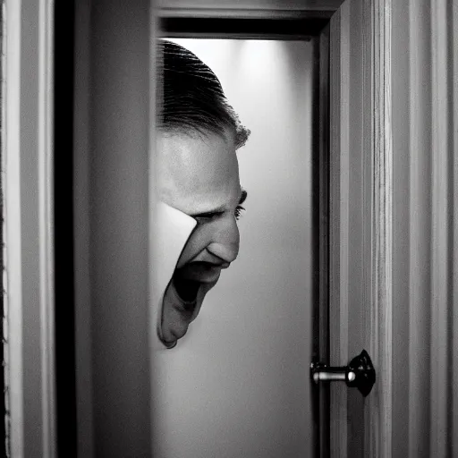 Image similar to Ted Cruz with a wide grin peaking through a door in the distance at the end of a narrow corridor, black and white, creepy lighting, scary, horror, ornate, eerie, fear