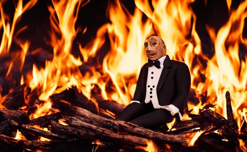 Image similar to a man wearing a tuxedo sitting in the middle of a bonfire