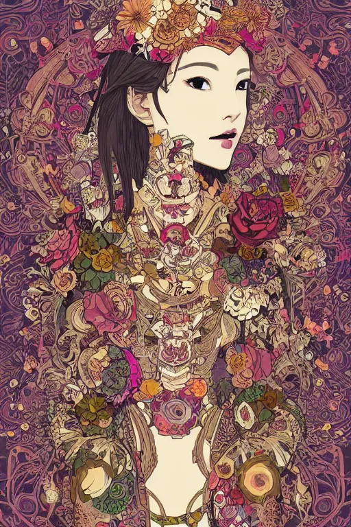 Image similar to beautiful skull cyborg portrait girl female illustration detailed patterns art of thai traditional dress, flowers pop art, floral splash painting, art by geof darrow, ashley wood, alphonse mucha, makoto shinkai