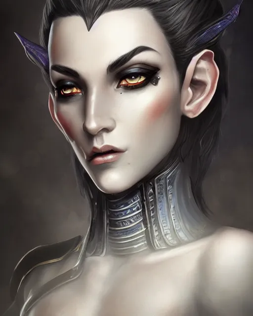 Prompt: portrait of a feminine male dark elf, obsidian skin, fantasy, elegant, intricate, highly detailed, digital painting, artstation, concept art, sharp focus, illustration