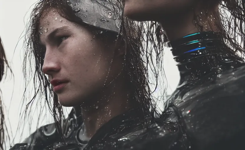 Prompt: cinestill 5 0 d candid photographic portrait by christopher nolan of two loving female androids wearing rugged black mesh techwear in treacherous waters, extreme closeup, modern cyberpunk retrofuturism moody emotional cinematic, pouring iridescent rain, 8 k, hd, high resolution, 3 5 mm, f / 3 2, ultra realistic faces, ex machina