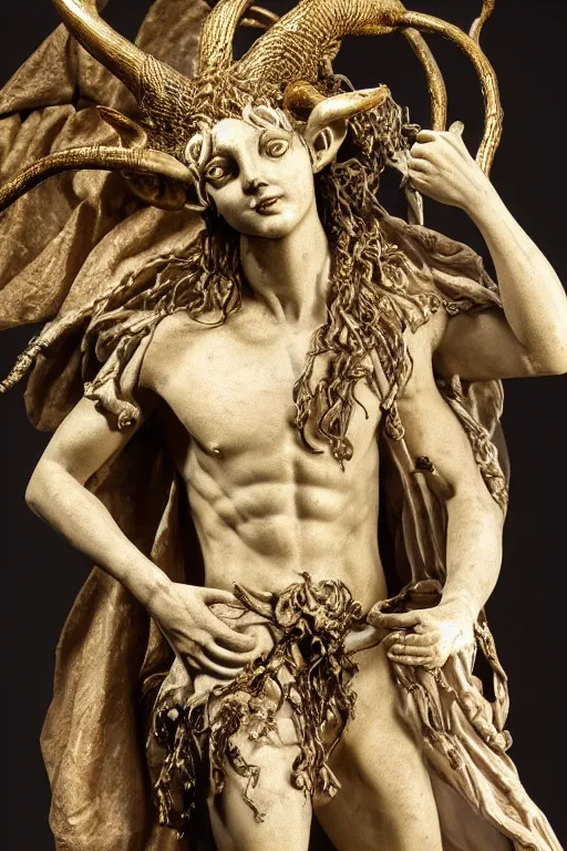 Prompt: a cinematic view of a ornated intricate mystic faun statue made by hedi xandt, chris haas and bernini, realistic, macabre art, covering his hip with a wrapped black old fabric veil, using few gold ornaments detailed image, volummetric light