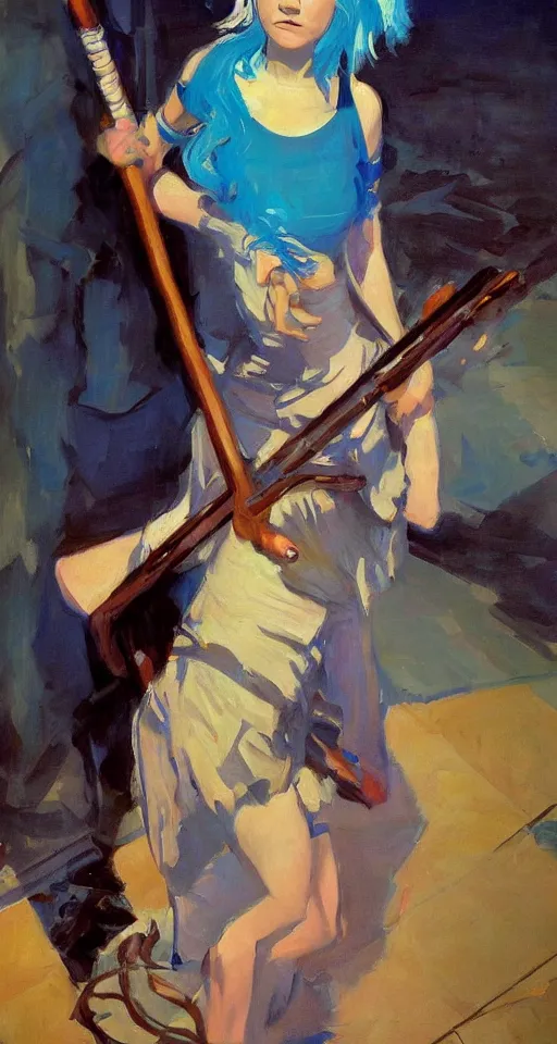 Image similar to portrait of a teenage rocker girl from the 9 0 s, blue hair, blue eyes, wielding a staff, in the style of joaquin sorolla, bill sienkiwicz, syd mead, atmospheric, detailed