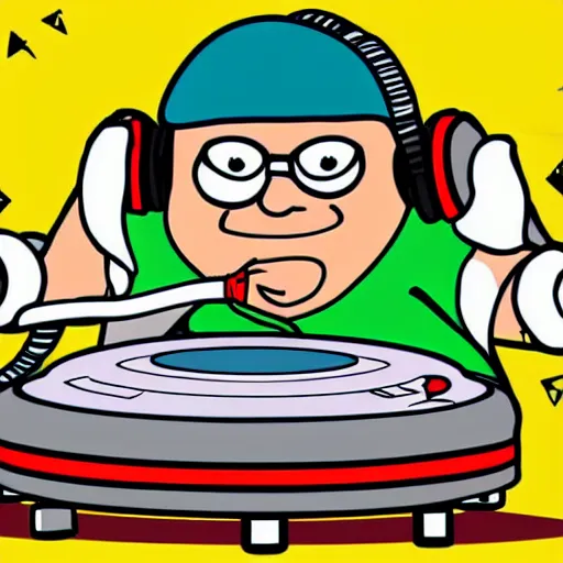 Prompt: svg sticker of a Family-Guy Peter-Griffin at a rave, spinning records, giant headphones rocking out, wearing headphones, huge speakers, dancing, rave, DJ, spinning records, digital art, amazing composition, rule-of-thirds, award-winning, trending on artstation, featured on deviantart