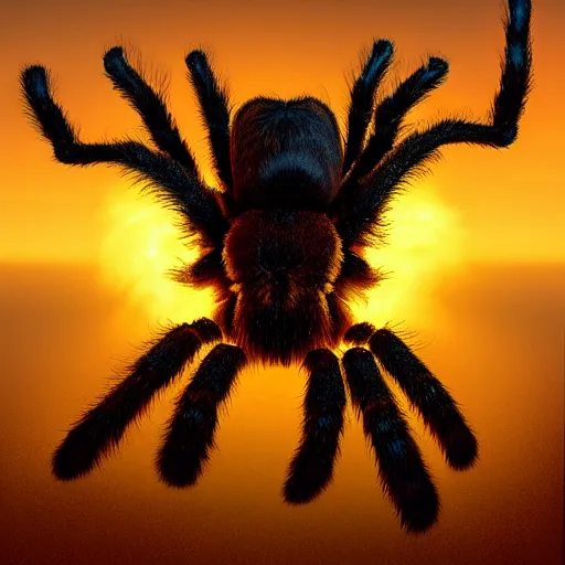 Image similar to colossal fluffy tarantula, golden hour, fantasy, vivid colors, sharp focus, digital art, hyper - realistic, 4 k, unreal engine, highly detailed, hd, dramatic lighting by brom, trending on artstation