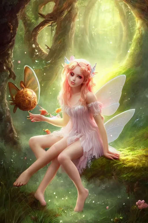 Image similar to a cute fairy in the dreamy forest, fantasy, 8 k resolution, hyper detailed, d & d, character design, digital painting, trending on artstation, sharp focus, illustration, art by artgerm, steve zheng, fuji choko, viktoria gavrilenko, hoang lap