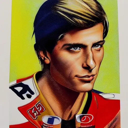 Image similar to photorealistic picture, by bob peak and alex ross, moto gp ads in 1 9 9 0 s, gouache and wash paints, fine details, fine intricate, fine facial proportionate, fine body proportionate, fine fix broken line, fine fix duplicate line, smooth shar focus, sharp focus