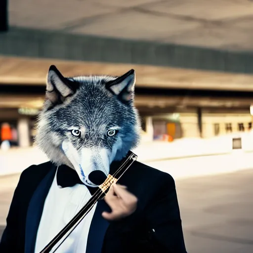 Prompt: a man in a tux wearing a white wolf mask playing the violin at a dirty metro station, unnerving, 4k photography, highly detailed, long shot.