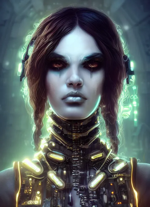 Image similar to soft lustrous ebony ivory seductive biotech raver gutter punk gothic cyborg, golden ratio, details, scifi, fantasy, cyberpunk, intricate, decadent, highly detailed, digital painting, octane render, artstation, concept art, smooth, sharp focus, illustration, art by artgerm, loish, wlop