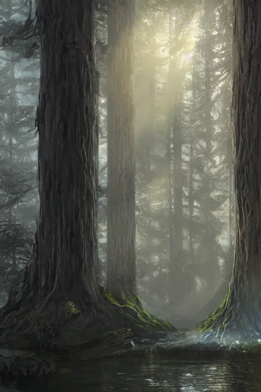 Prompt: In some of the column carved with Norse gods there is a huge glowing redwood, light filtering through the gaps in the leaves, Sparkling in the flowing creek, Tyndall effect, hone finished, concept art, fantasy, gothic cathedral, light through the mist, dramatic lighting, photorealistic, cinematic lighting, high detail, cinematic feel, high octane, 4K, Unreal Engine, digital render, intricate, ultra realistic, crepuscular ray, low angle, superwide shot, lunapunk