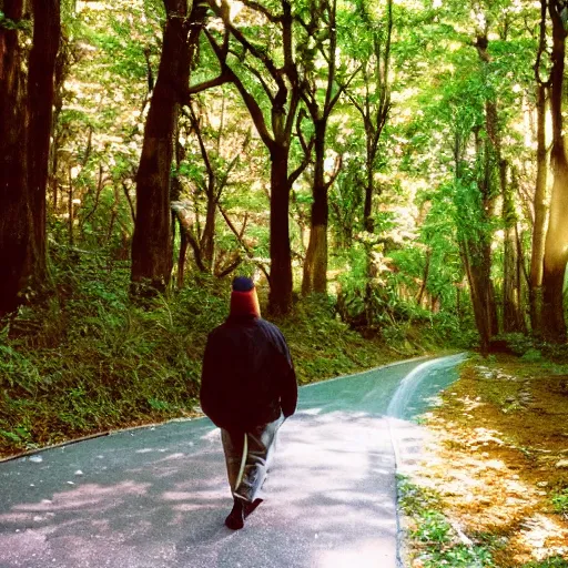 Image similar to 1 9 9 0 s candid 3 5 mm photo of a beautiful forest in tokyo, cinematic lighting, cinematic look, golden hour, the clouds are epic and colorful with cinematic rays of light, a man walks down the center of the forest with a beanie on, photographed by petra collins, uhd