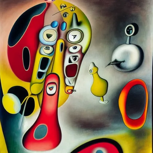 Image similar to Oil painting by Roberto Matta. Strange mechanical beings kissing. Portrait by Takashi Murakami. Yves Tanguy. Dali.