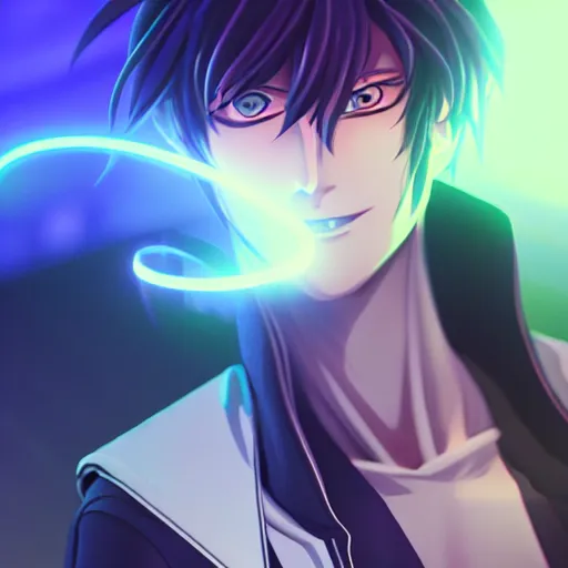 Image similar to Lelouch Lamperouge in a neon city, octane render 8k, atmospheric render, myserious man, professional render, volumetric light, artstation, redshift render, low angle camera, eccentric anime smile, Lelouch in a hood