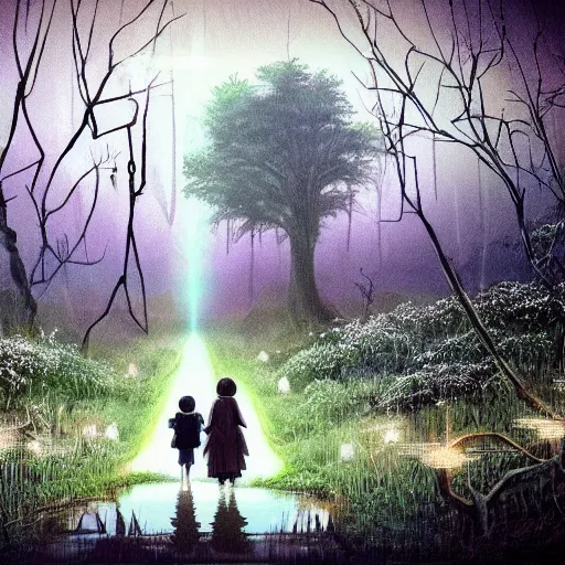 Image similar to on the road, muddy swamps and thorns, dad and mom took their daughter's hand and walked with difficulty, in the distance is the enchanted forest, there is a gentle light in the darkness and the glowing wings of the pixies flashing in the forest, the whole forest radiated a sacred light, studio ghibli style