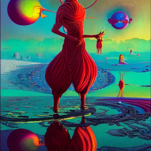 Image similar to colourful breathtakingly weird beautiful powerful magical wonderfully majestic beautifully cool character by michael whelan and moebius and beeple and kilian eng and dan mcpharlin and louis sullivan and pascal blanche and jamie hewlett and richard dadd, symmetrical, magical stormy reflections, smoke on water, 8 k artstation