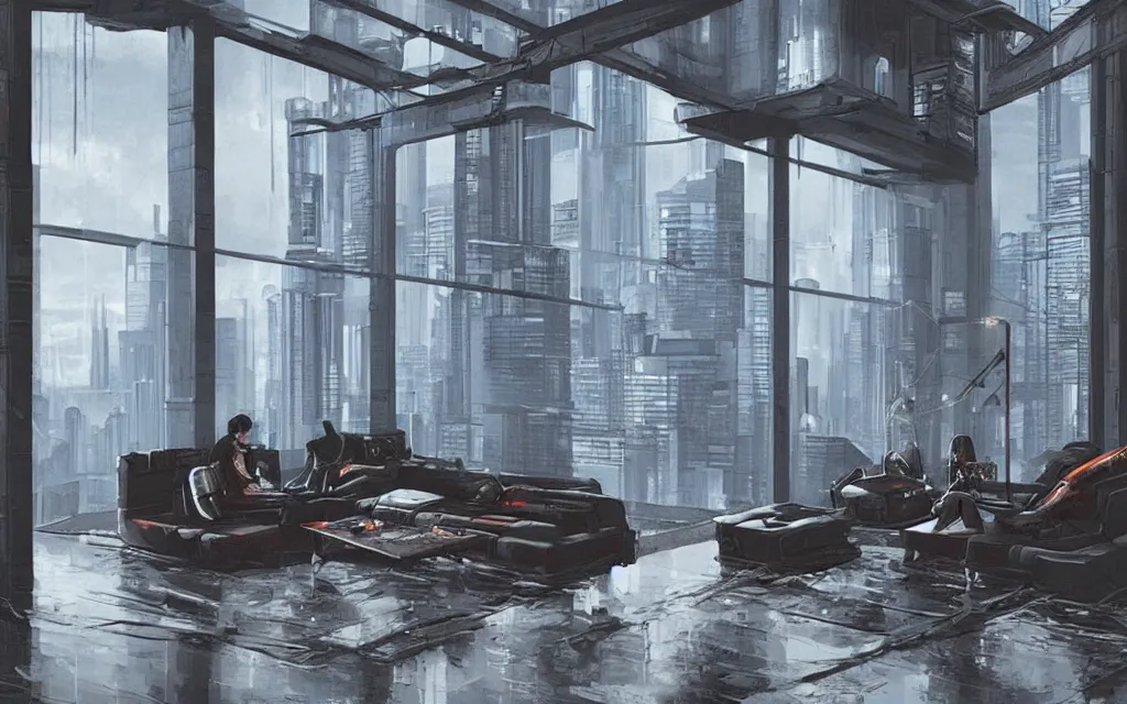 Prompt: cyberpunk loft lounge with tall windows without people with city in background, drawn by feng zhu