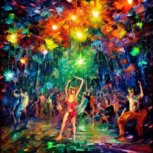 Image similar to rave dance party in the dark with glow sticks by arthur adams, charlie bowater, leonid afremov, chiho ashima, karol bak, david bates, tom chambers