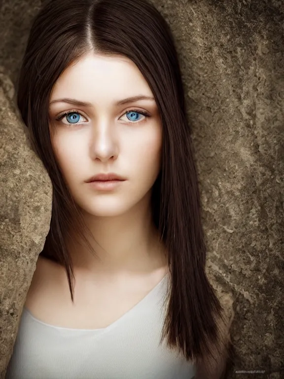 Image similar to hyperdetailed photo of a beautiful ukrainian girl with brown eyes and dark bob hairstyle, winds of winter, au naturel, cinematic lighting, studio quality