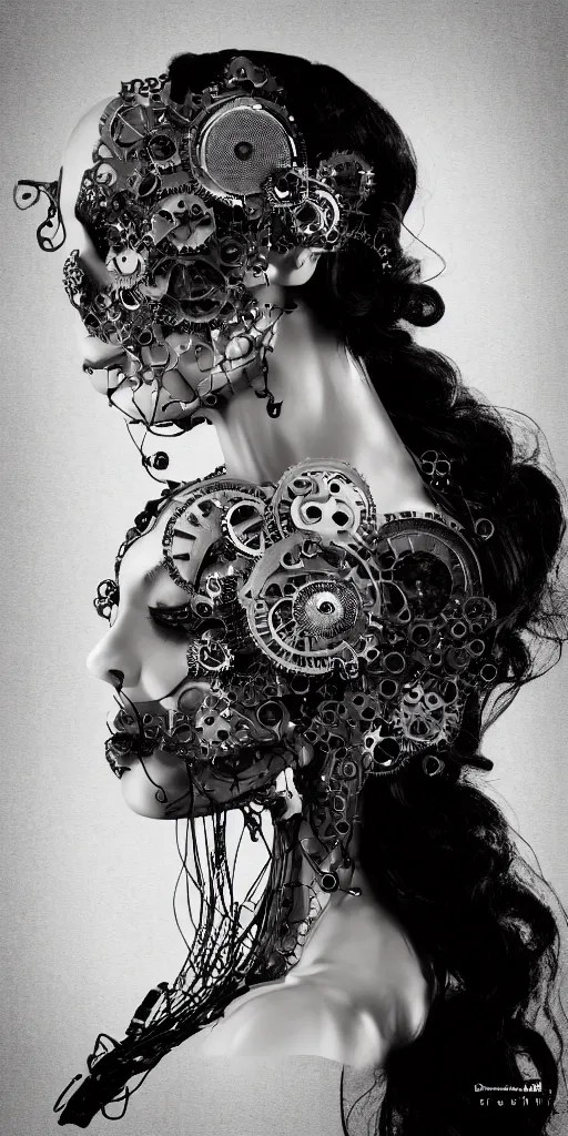 Image similar to black and white dreamy foggy smoky profile face portrait, one silver steampunk eye biomechanical beautiful young female - cyborg - robot bust, body ribs meshes,, volumetric light, hibiscus flowers, rim light, by dora maar and cecile beaton, big gothic fashion pearl embroidered collar, 8 k