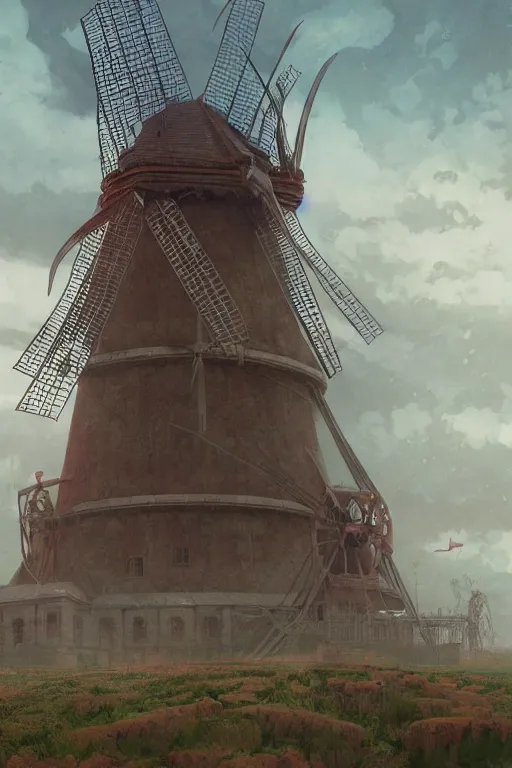 Image similar to temple of the giant windmill. Trending on Artstation highly detailed, digital painting, artstation, concept art, smooth, sharp focus, illustration, art by artgerm and greg rutkowski and alphonse mucha and Wayne Barlowe and Zdislav Beksinski and Francis Bacon