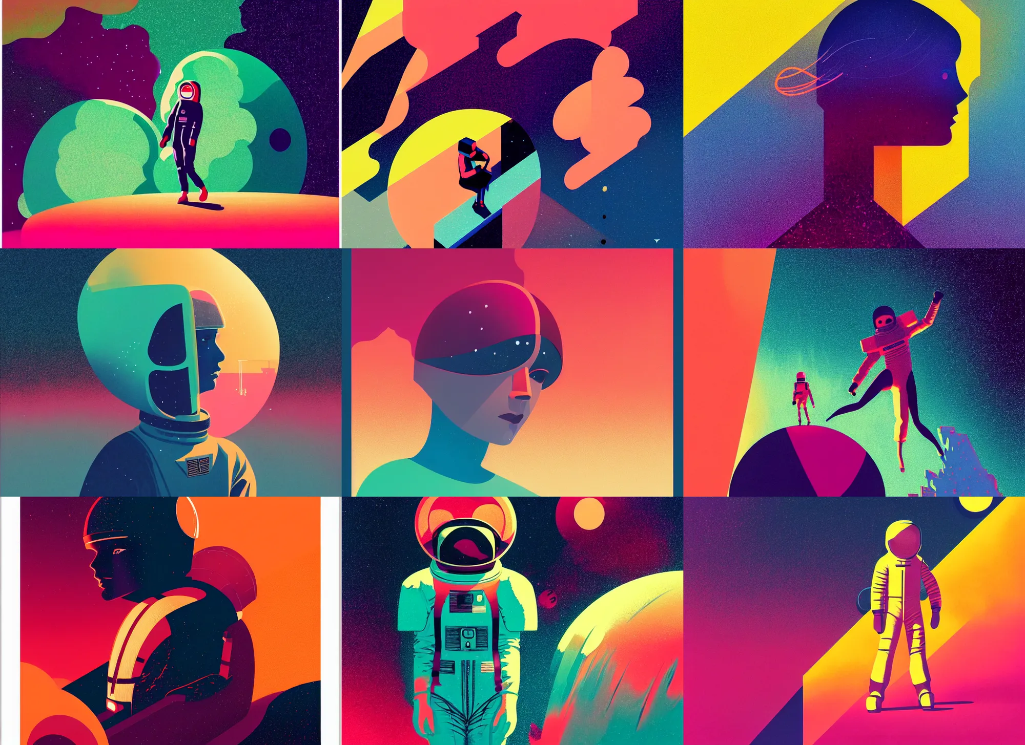 Prompt: ( ( strong dither ) ), editorial illustration of a young astronaut girl, colorful, modern art deco, ( ( mads berg ) ), christopher balaskas, victo ngai, strong texture, dynamic composition, detailed, dramatic lighting, matte print, dynamic perspective, muted color, lomography, muted colors, halftone, risograph