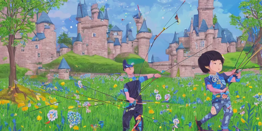 Image similar to a young boy practicing archery in the backyard of a castle, digital art, vivid colors, flat colors, cinematic, wide angle, made by chiho aoshima, trending on artstation, detailed