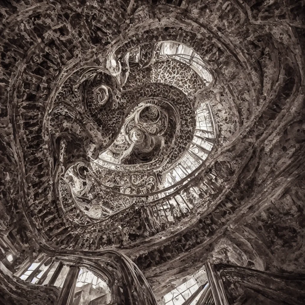 Prompt: , grand spiral stairs going down deep in a dark hole, baroque, by antoni gaudi and greg rutkowski, dramatic volumetric cinematic light, chiaroscuro, cinematic, high quality, high detailed, detailed patterns pop art