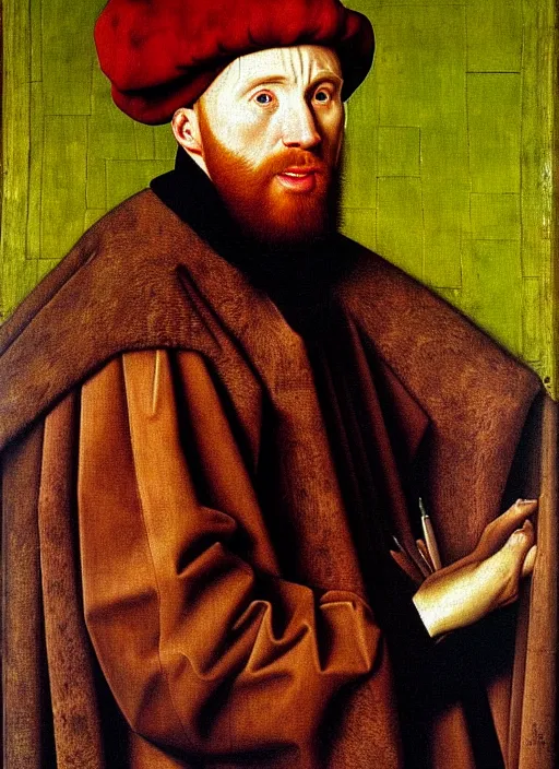 Image similar to portrait of chris evans, oil painting by jan van eyck, northern renaissance art, oil on canvas, wet - on - wet technique, realistic, expressive emotions, intricate textures, illusionistic detail