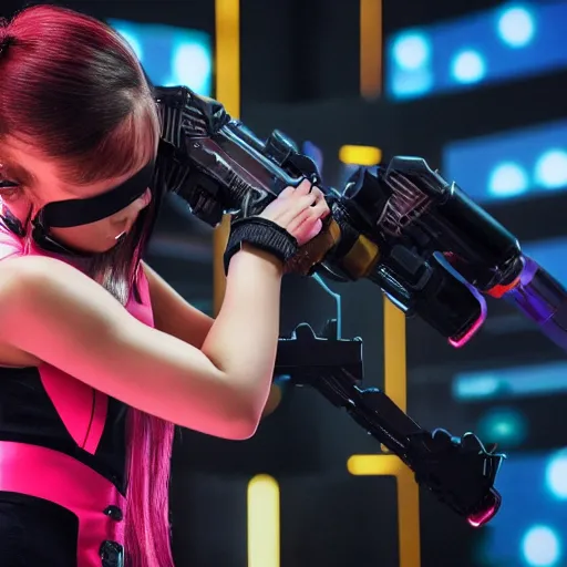 Image similar to photo of a female cyber ninja warrior with high tech weapons